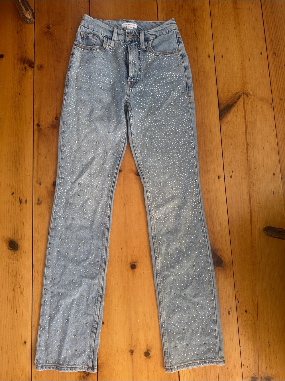 Good American Light Blue Straight-Leg Jeans with Rhinestone embroidered jeans